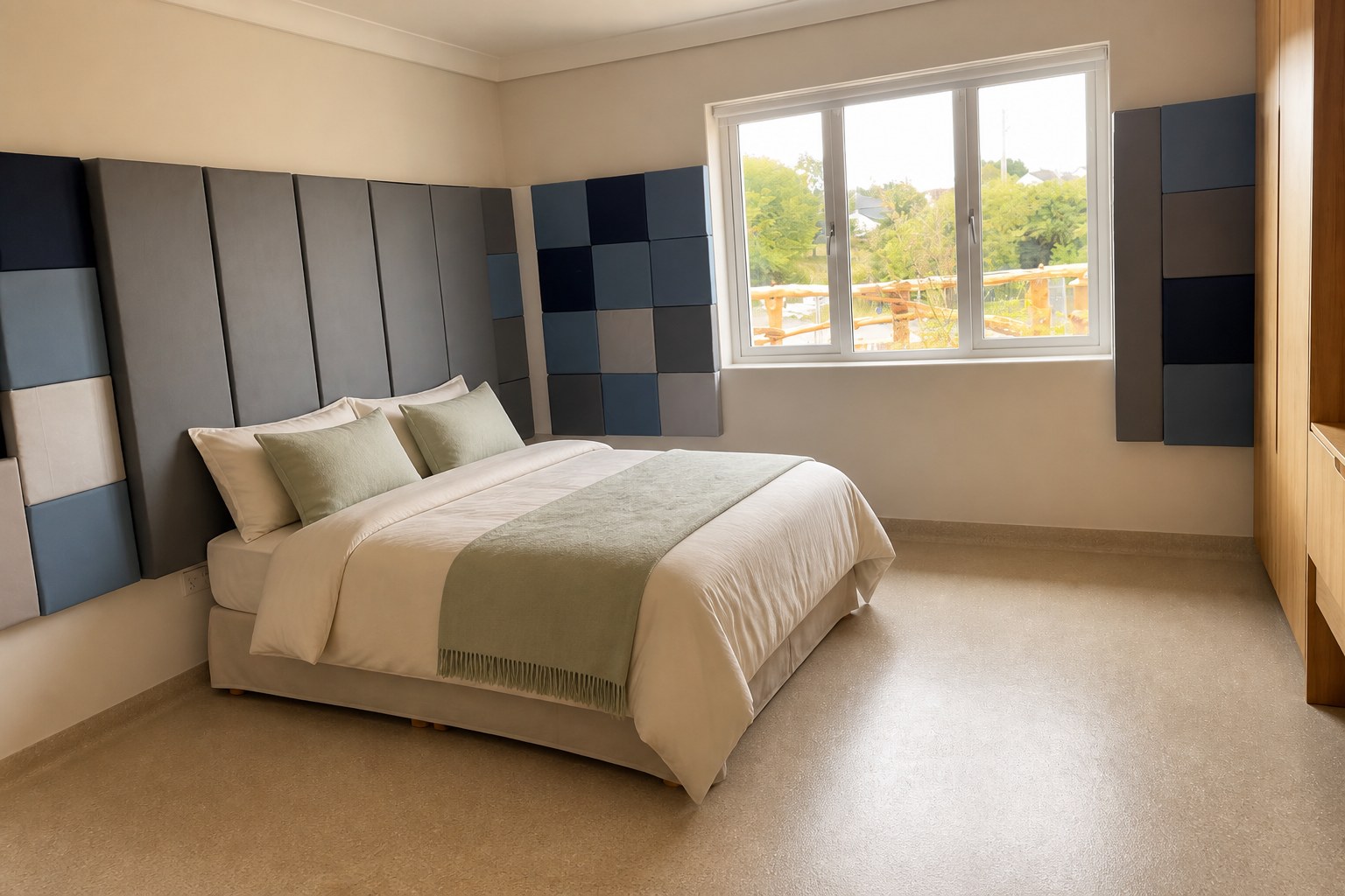 Private bedroom at Heron House with cream linen, a sage throw, and a blue-and-grey padded wall