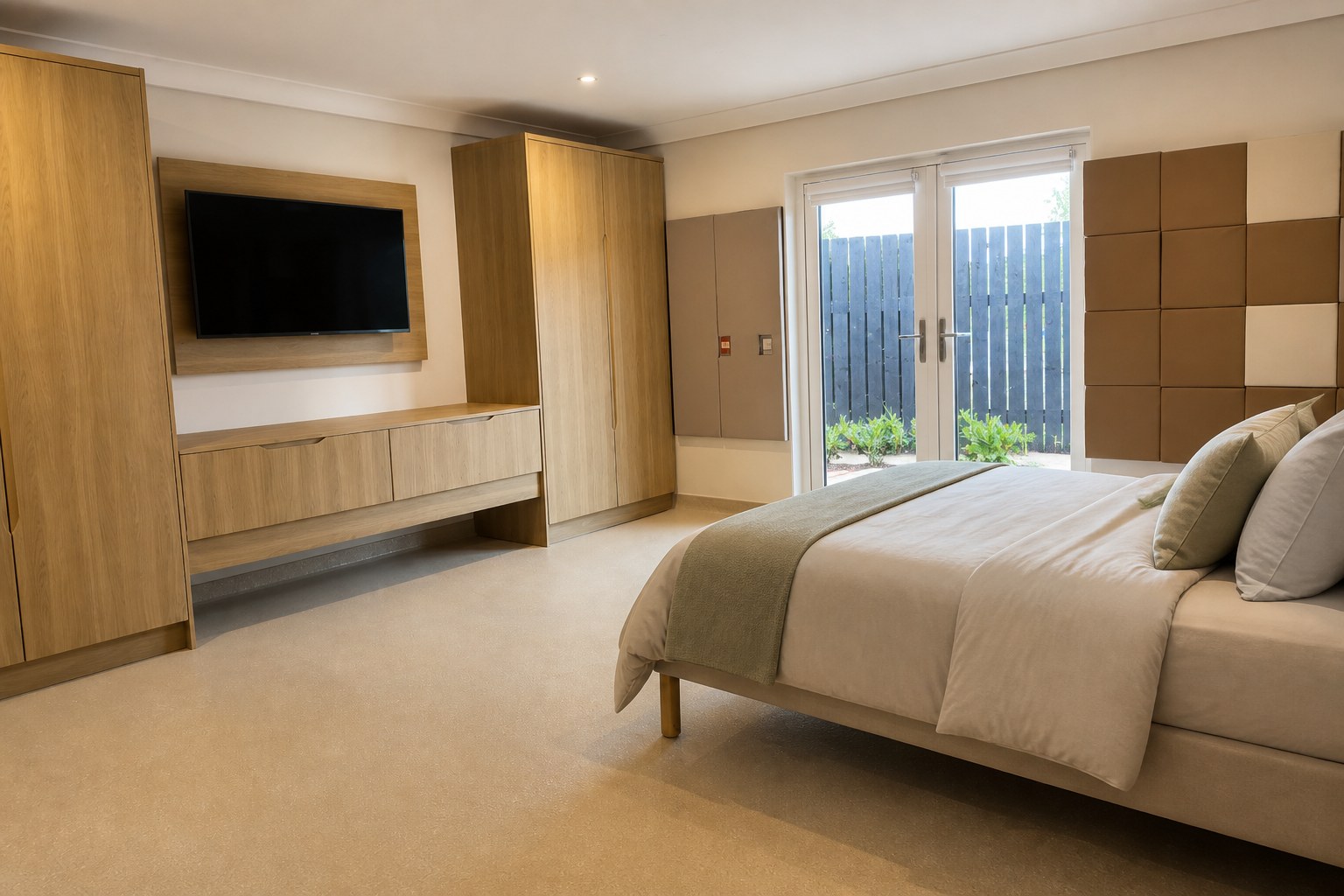 Private bedroom at Heron House with oak wardrobes, a wall-mounted TV, and garden doors