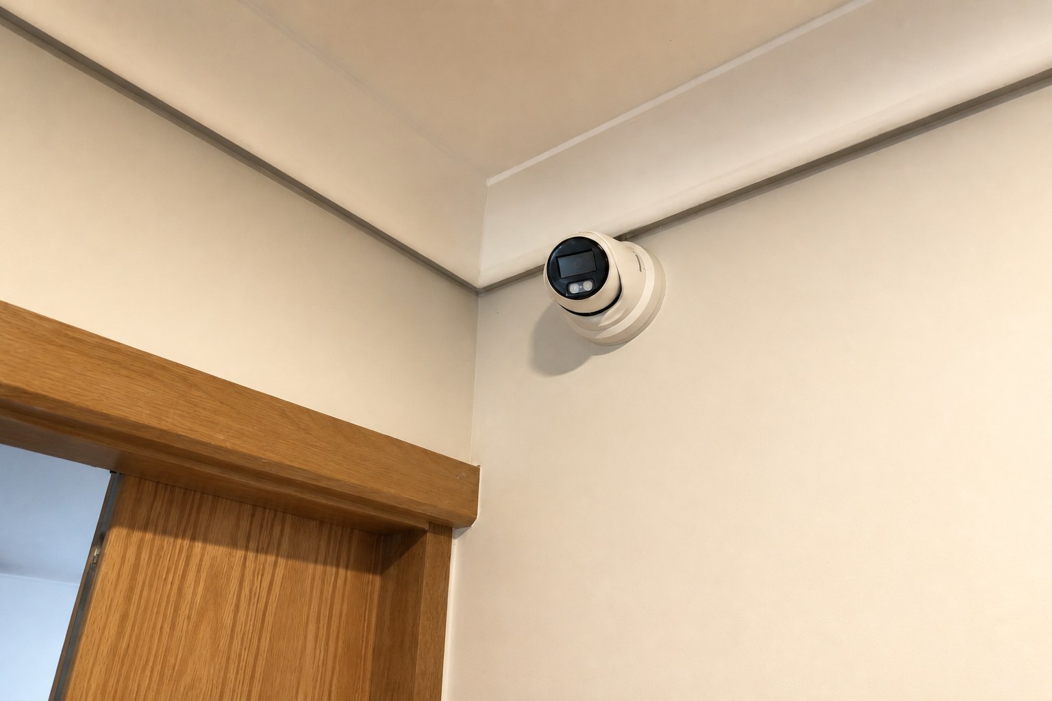 White indoor camera on a cream wall at Heron House