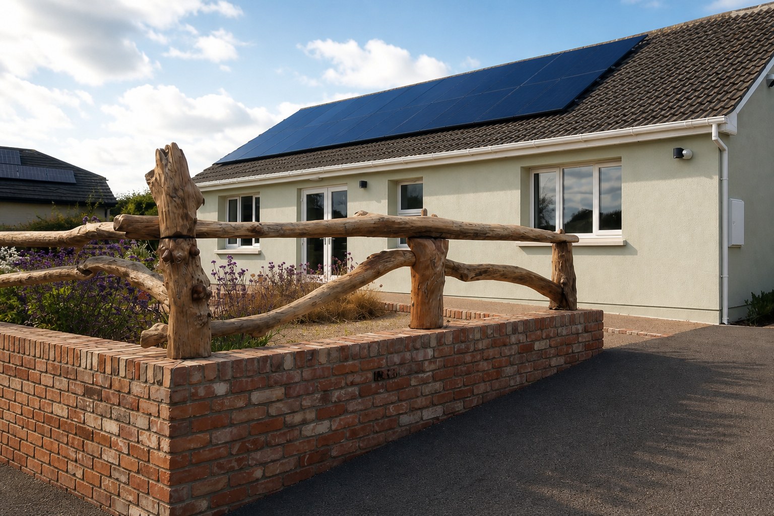 Heron House from the drive, with solar roof and garden fence