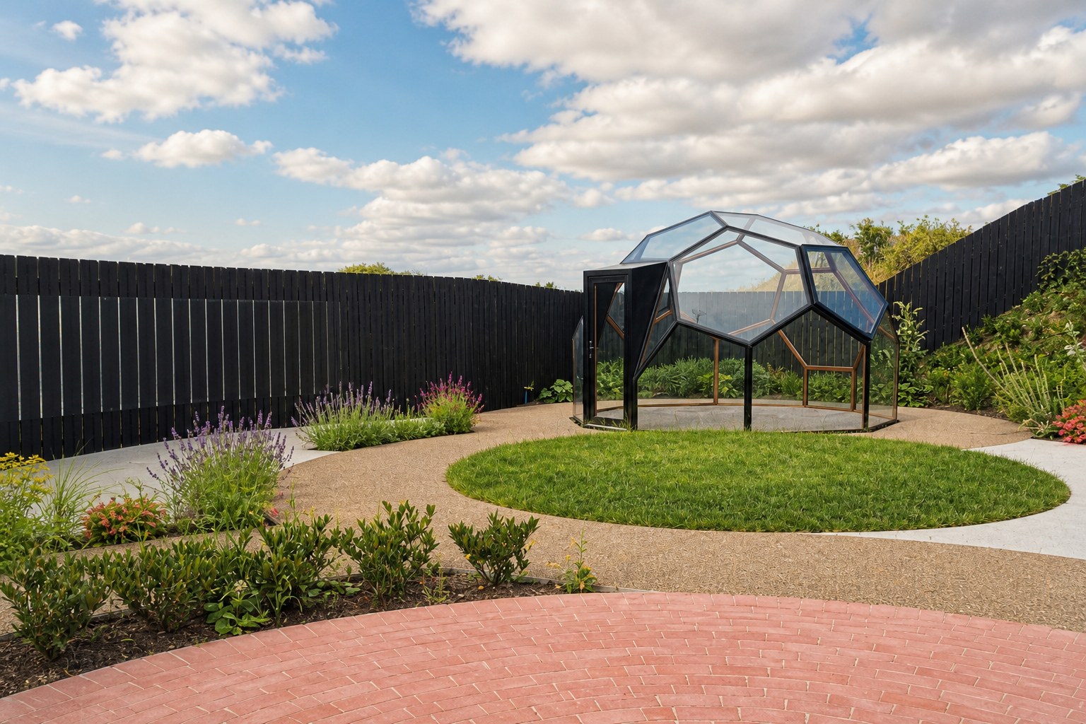 Geodesic glass pod in the Heron House garden