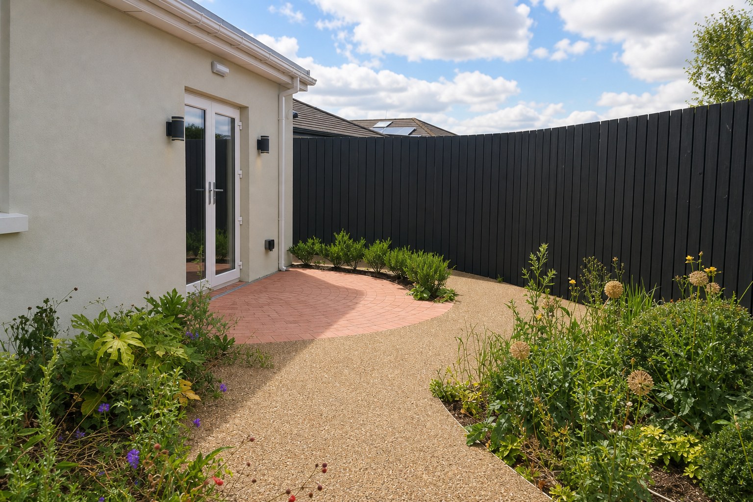 Garden doors from Heron House opening onto sensory planting and a private path