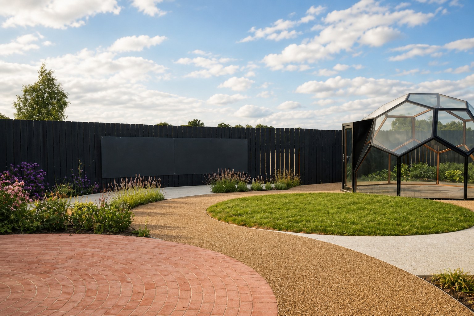Garden at Heron House with curved gravel paths, a circular lawn, and a geodesic glass dome