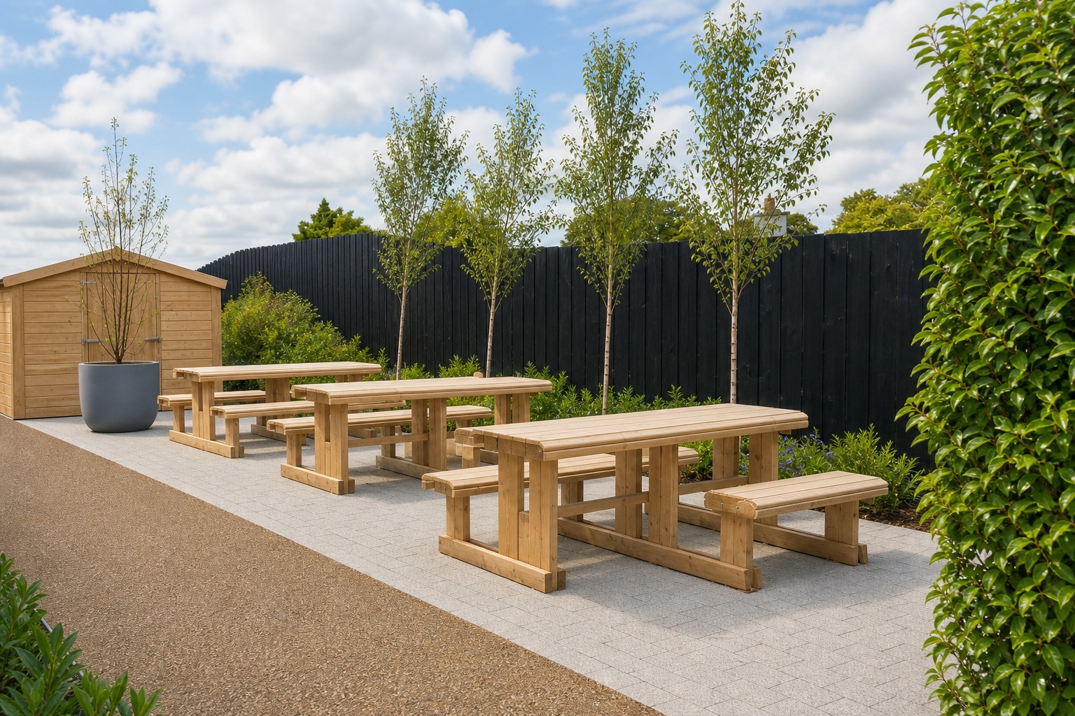 Picnic tables in the private garden at Heron House