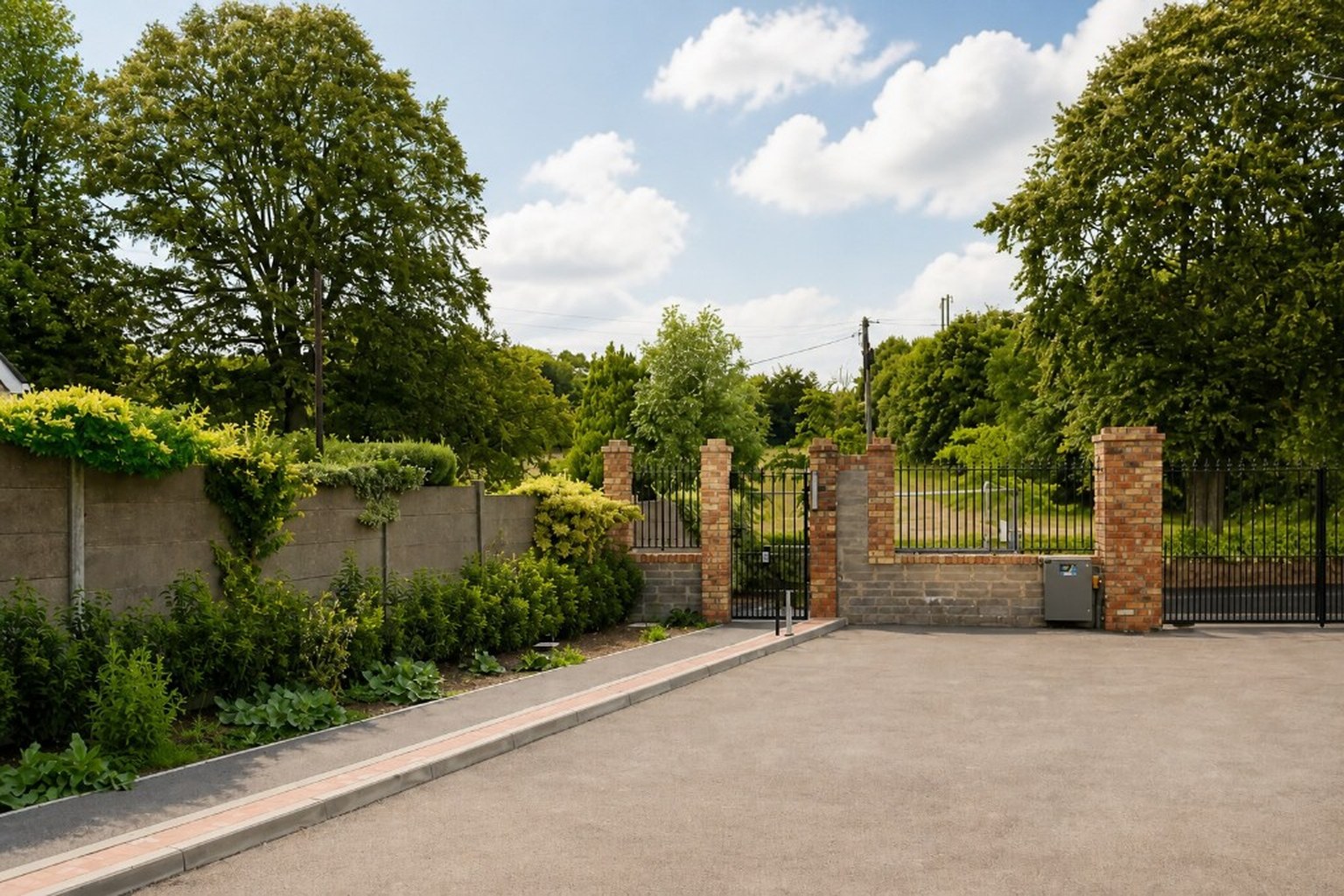 Gated brick entrance and visitor parking at Heron House